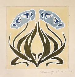 Design para um &39;Minstrel Tile&39; (caneta com tinta azul e aquarela e grafite sobre papel branco esbranquiçado)